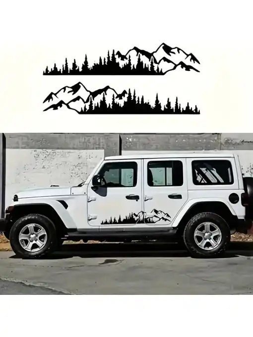 Set 2 stickere autoadezive pentru vehicule Off Road, model "Forest & Mountains", dimensiune 100 x 20 cm, culoare Neagra Transport gratuit