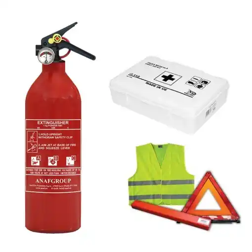 Kit siguranta auto omologat VagAuto compus din 1x Stingator Reincarcabil ,1x Trusa prim ajutor, 2 x Triunghiuri, 1 x Vesta reflectorizanta Premium
