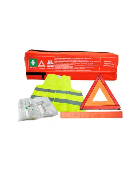 Ofertă limitată Kit trusa medicala in conformitate cu DIN 13164, vesta reflectorizanta EN ISO 20471:2013 si triunghi reflectorizant Omologat Mega Drive + borseta
