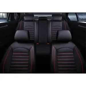 Livrare rapidă Set huse scaune auto pentru fata-spate, piele ecologica, negru cu dunga rosie