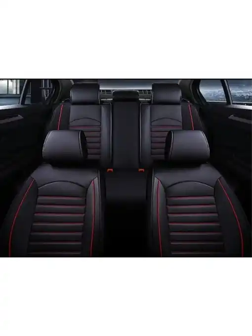 Livrare rapidă Set huse scaune auto pentru fata-spate, piele ecologica, negru cu dunga rosie