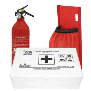 Cumpărături sigure Kit siguranta auto complet: trusă medicală + stingător auto reîncărcabil 1kg cu manometru tip ABC + suport prindere portbagaj
