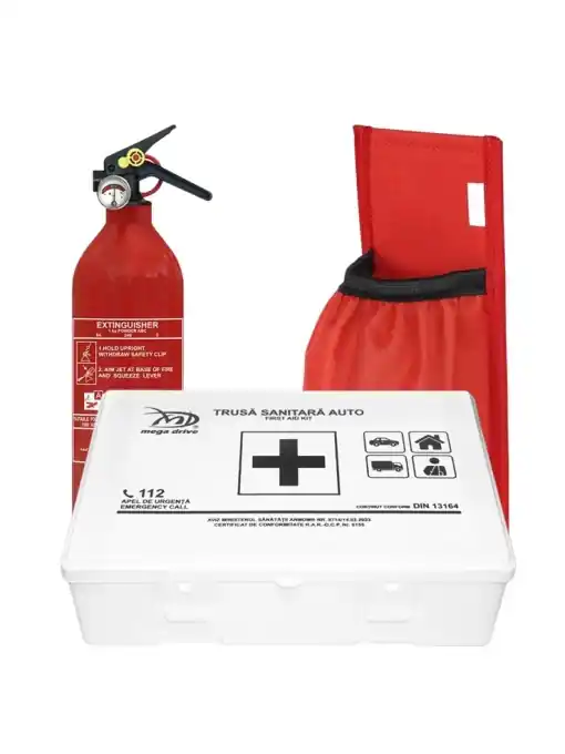Cumpărături sigure Kit siguranta auto complet: trusă medicală + stingător auto reîncărcabil 1kg cu manometru tip ABC + suport prindere portbagaj