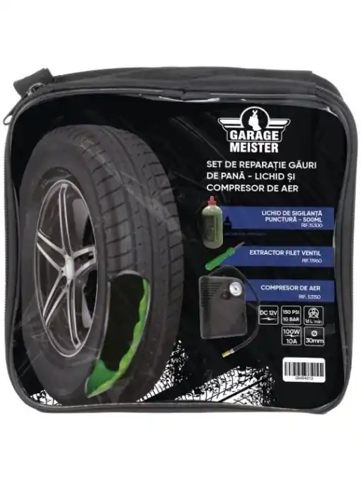 Kit reparație pană anvelope cu compresor, soluție etanșare și extractor ventil Garage Meister GM54013 Bestseller