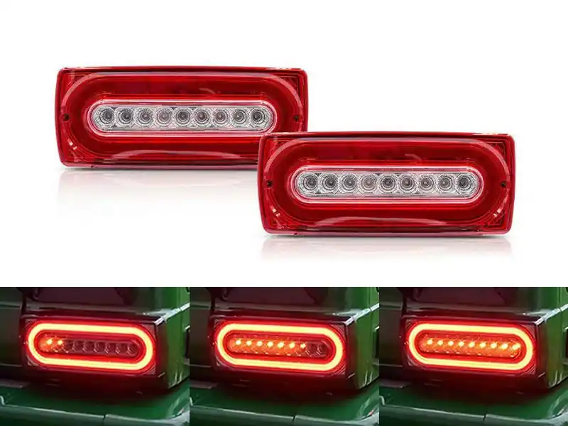 Set de stopuri LED dinamice de tuning potrivit pentru Mercedes G-Class W463 1999-2018 cu bază roșie/albă, stânga și dreapta Retur ușor