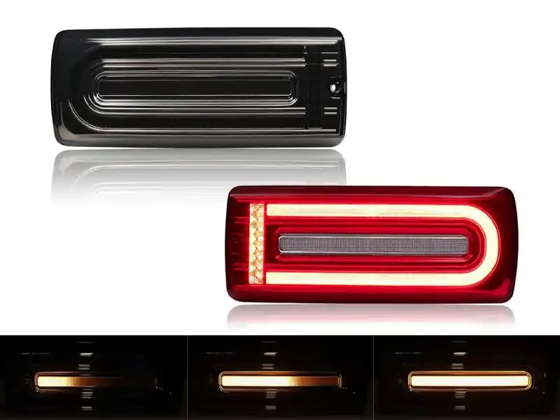 Ofertă exclusivă Set de stopuri LED dinamice de tuning potrivit pentru Mercedes G-Class W463 1999-2018 cu bază fumurie, stânga și dreapta