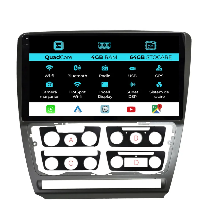 Reducere extra Navigatie Dedicata Skoda Octavia 2 (2004-2013), 10Inch,QuadCore, 4Gb Ram, 64Gb Stocare, Carplay