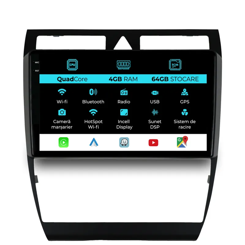 Livrare gratuită Navigatie Dedicata Audi A6 C5 (2000-2004), QuadCore, 9Inch, 4Gb Ram, 64Gb Stocare, Carplay