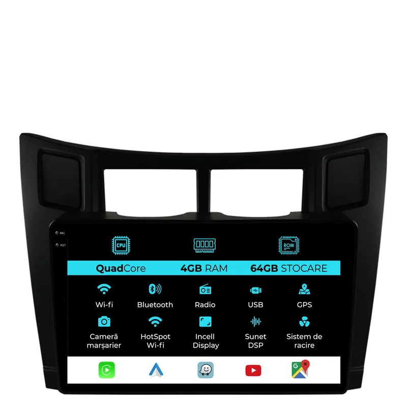 Navigatie Dedicata Toyota Yaris (2005-2011),QuadCore, 9Inch, 4Gb Ram, 64Gb Stocare, Carplay Plată sigură