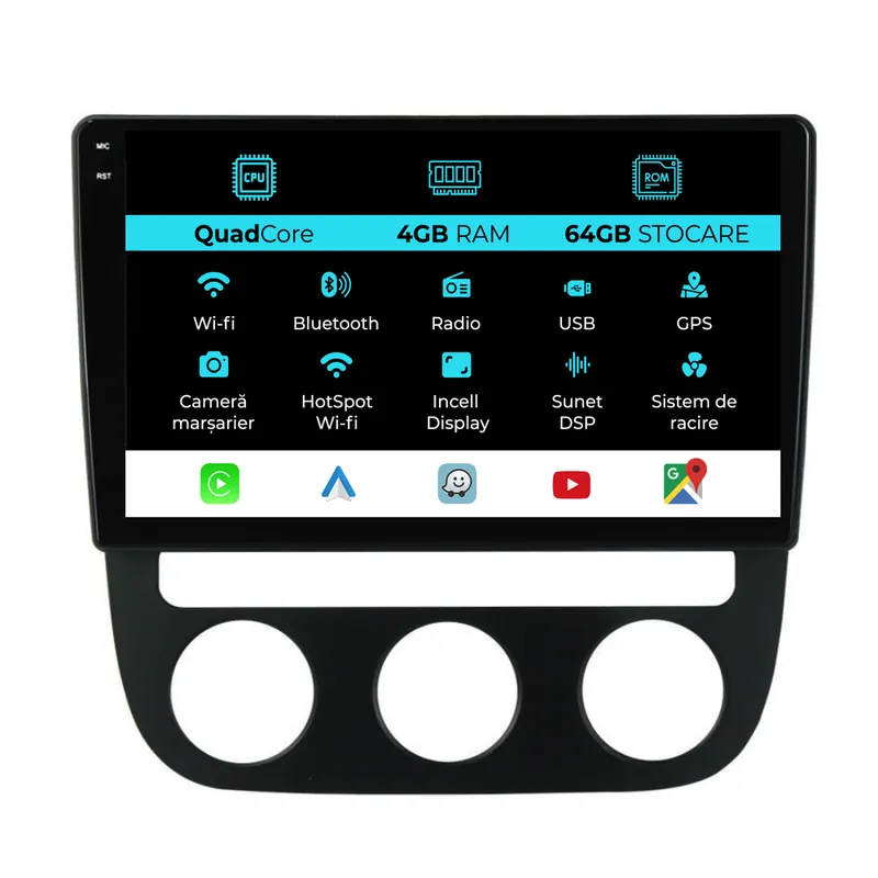 Livrare expres Navigatie Dedicata Volkswagen Golf5 Jetta (2004-2009),QuadCore, 10Inch, 4Gb Ram, 64Gb Stocare, Carplay – Clima Automata