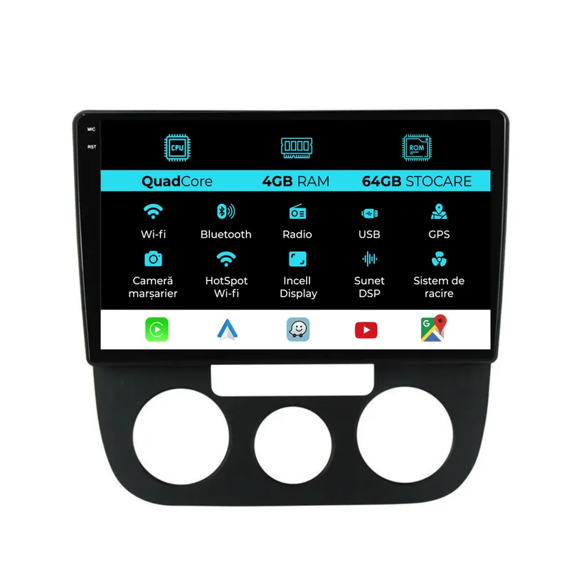 Bestseller Navigatie Dedicata Volkswagen Golf5 Jetta (2004-2009),QuadCore, 10Inch, 4Gb Ram, 64Gb Stocare, Carplay – Clima Manuala