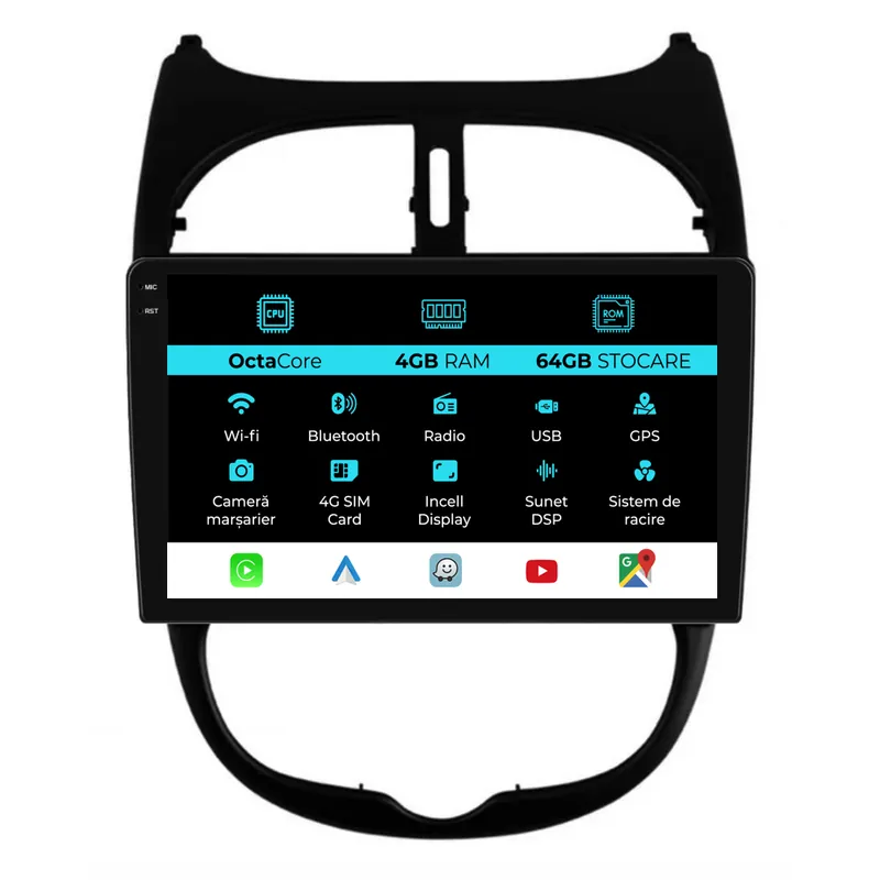 Navigatie Dedicata Peugeot 206 (2001-2008), 9Inch, 4Gb Ram, 64Gb Stocare, Carplay Ofertă limitată