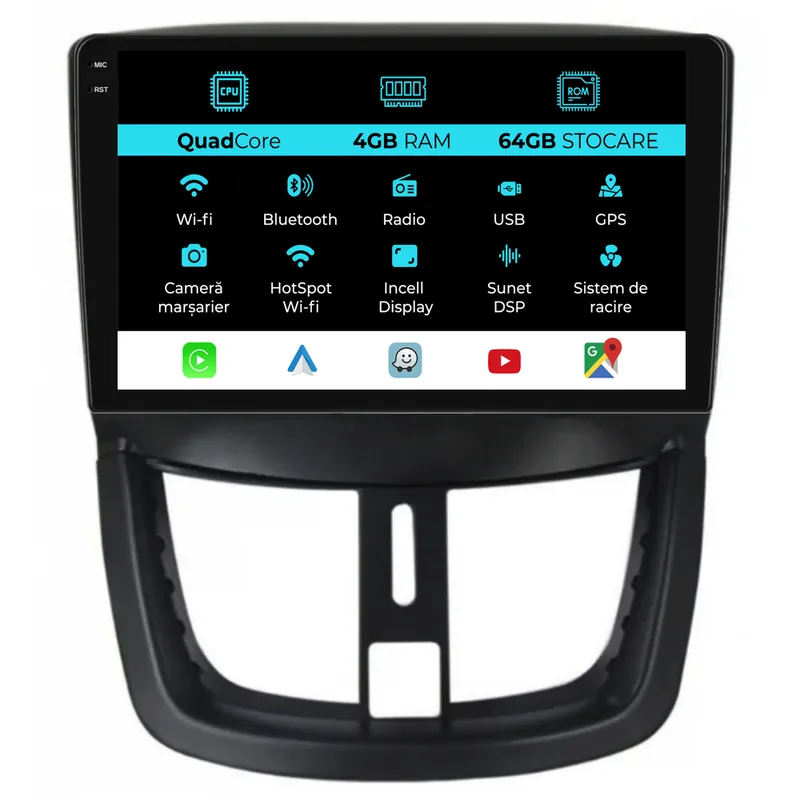 Premium Navigatie Dedicata Peugeot 207 (2006-2015),QuadCore, 9Inch, 4Gb Ram, 64Gb Stocare, Carplay