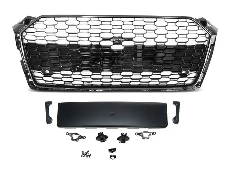 Livrare rapidă Grilă tip RS5 cu lac negru, potrivită pentru Audi A5 F5 2016-2019, cu deschidere pentru cameră și deschideri pentru senzorii de parcare