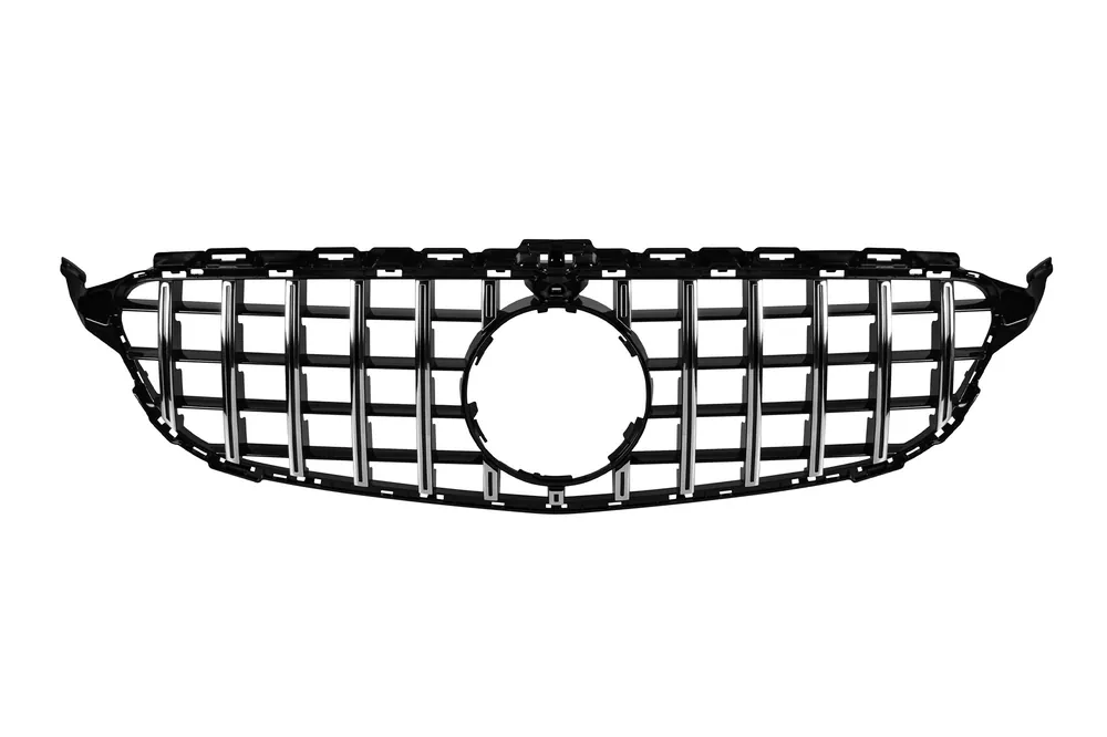Grilă tip GT-R crom/neagră potrivită pentru Mercedes Clasa C W205 sedan, S205 break, C205 coupe 2014-2018 cu deschidere pentru cameră Calitate înaltă