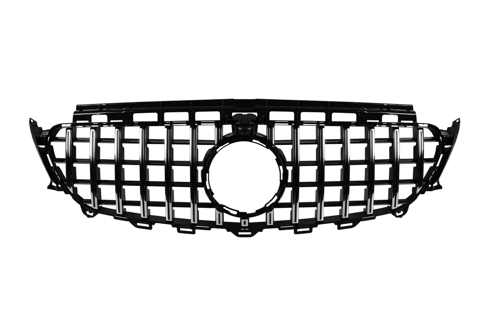 Livrare gratuită Grilă tip GT crom/neagră potrivită pentru Mercedes E-Class W213 sedan, S213 break, C238 coupe, A238 cabriolet 2016-2019 cu deschidere pentru cameră