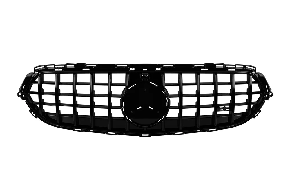 Lichidare de stoc Grilă tip GT vopsită în negru, potrivită pentru Mercedes E-Class W213, S213 break, C238 coupe, A238 cabrio după 2020, cu deschidere pentru cameră pentru bara de protecție standard