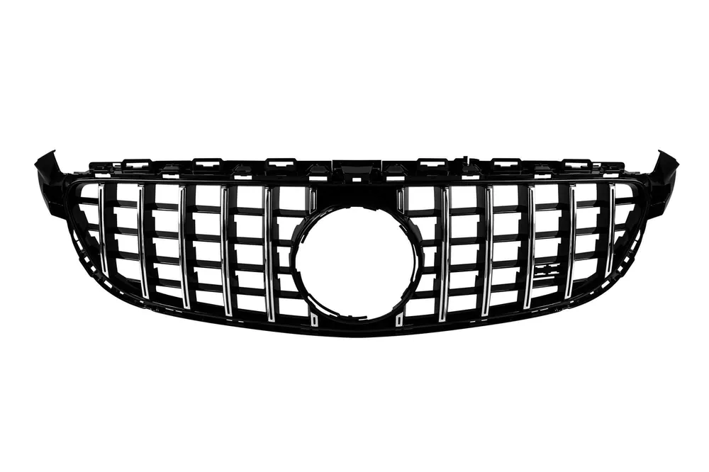 Grilă tip GT crom/neagră potrivită pentru Mercedes C-Class C63 W205 sedan, S205 break 2014-2020 fără deschidere pentru cameră, pentru modelul cu bara de protecție frontală A Design C63 Chilipir