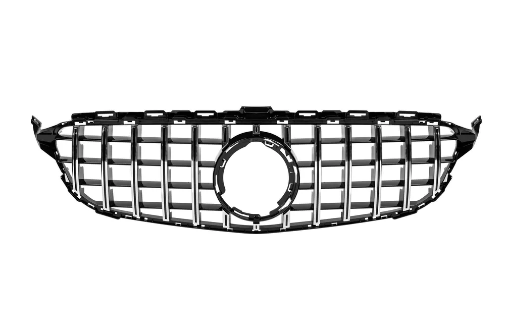 Preț mic Grilă tip GT crom/neagră potrivită pentru Mercedes Clasa C W205 sedan, S205 break, C205 coupe după 2019 fără deschidere pentru cameră