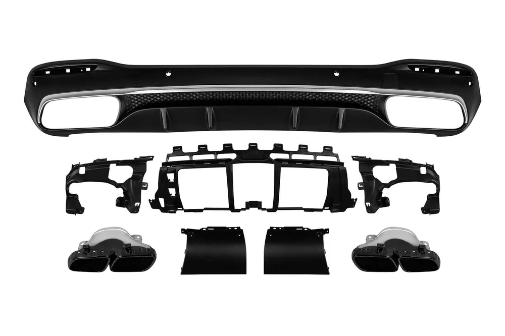 Difuzor tip GLS63 cu capace negre potrivit pentru bara spate A Design pe Mercedes GLS X167 dupa 2019 -oo–oo-, cu garnitura cromata Disponibil imediat
