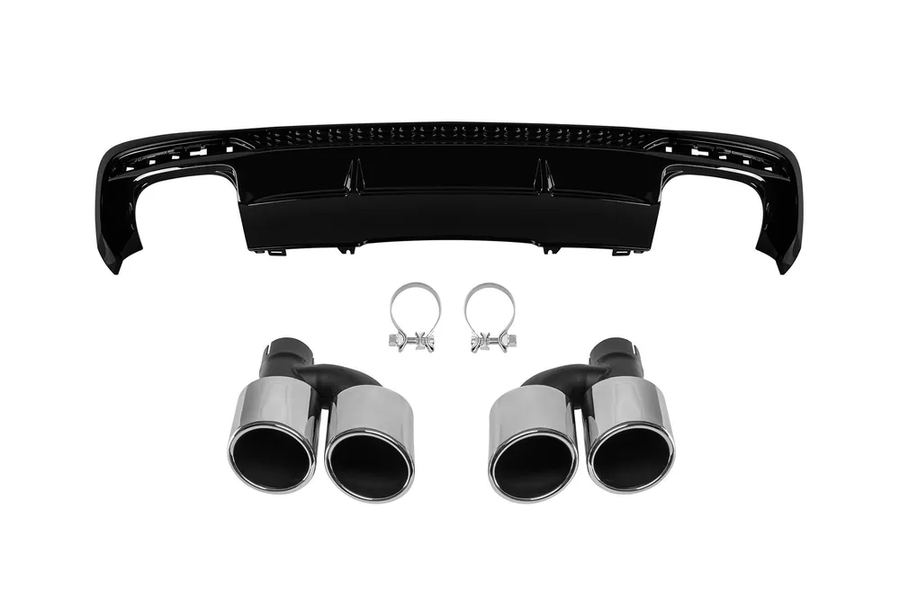 Plată securizată Difuzor tip S4 cu capete cromate potrivit pentru bara spate S line pe Audi A4 sedan, break 2020-2022, lac negru -oo–oo-