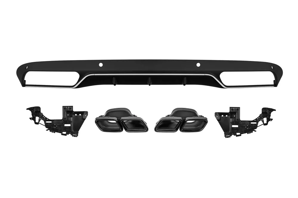 Difuzor tip C63 cu capete negre potrivit pentru bara de protecție spate standard pentru Mercedes C-Class W205 sedan, S205 break 2013-2019 -oo–oo-, cu garnitură cromată Cel mai bun preț