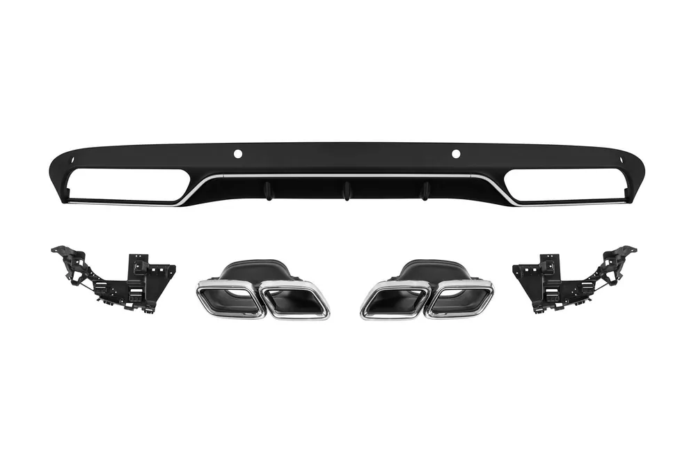 Livrare expres Difuzor tip C63 cu capete cromate potrivit pentru bara spate standard pentru Mercedes Clasa C W205 sedan, S205 break 2013-2019 -oo–oo-, cu garnitură cromată