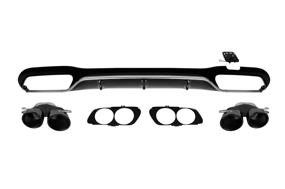 Cel mai vândut Difuzor tip E53 cu duze negre potrivit pentru bara spate A Design a Mercedes E-Class W213 sedan 2016-2022, lac negru cu garnitură cromată, -oo–oo-