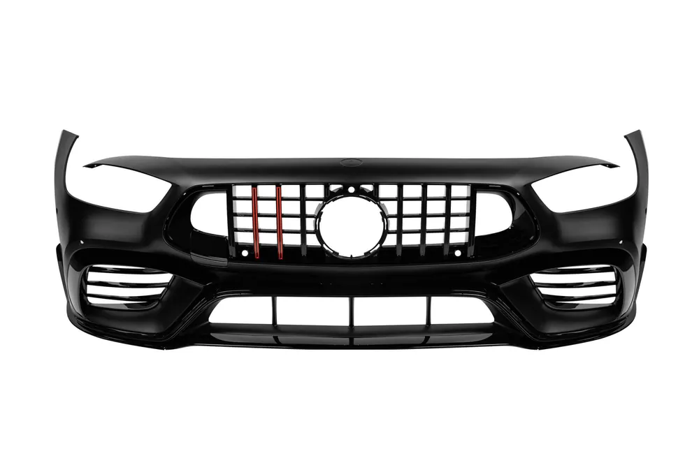Bumper frontal tip A Design GT63 cu grilă tip Brabus cu lac negru și linii roșii, potrivit pentru Mercedes A Design GT 4 Door Coupe după 2019 Noutate