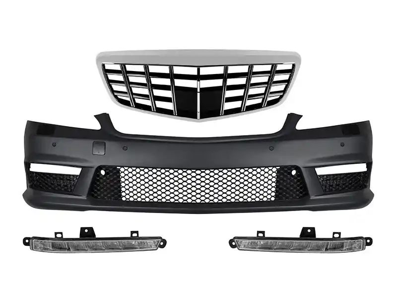 Noutate Bumper frontal A Design tip S63, S65 cu grilă Brabus crom/negru, potrivit pentru Mercedes S-Class W221 2006-2013 cu lumini de zi