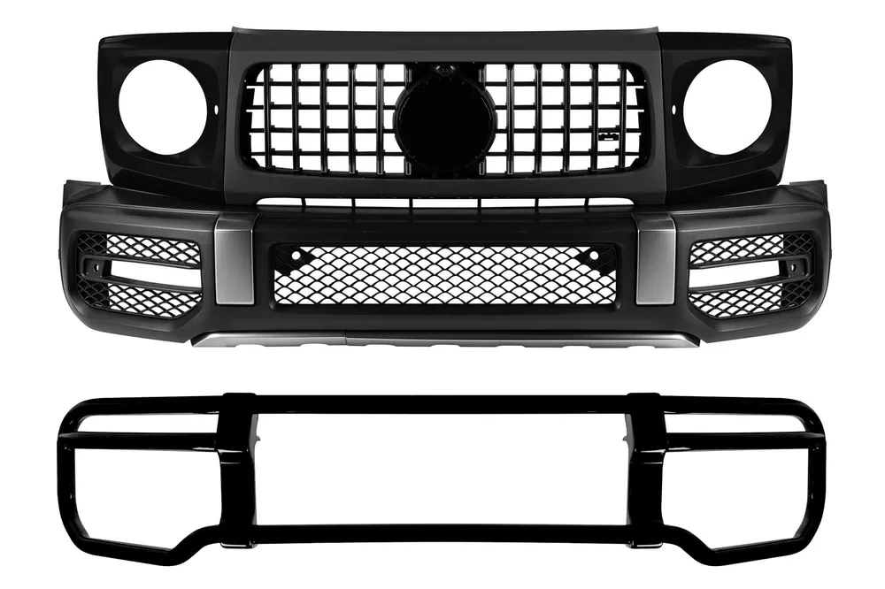 Kit bara fata A Design tip G63 cu bullbar lacuit negru potrivit pentru Mercedes G-Class W464 dupa 2018 cu PDC, grila, inele pentru faruri, extensii pentru aripi Reducere extra