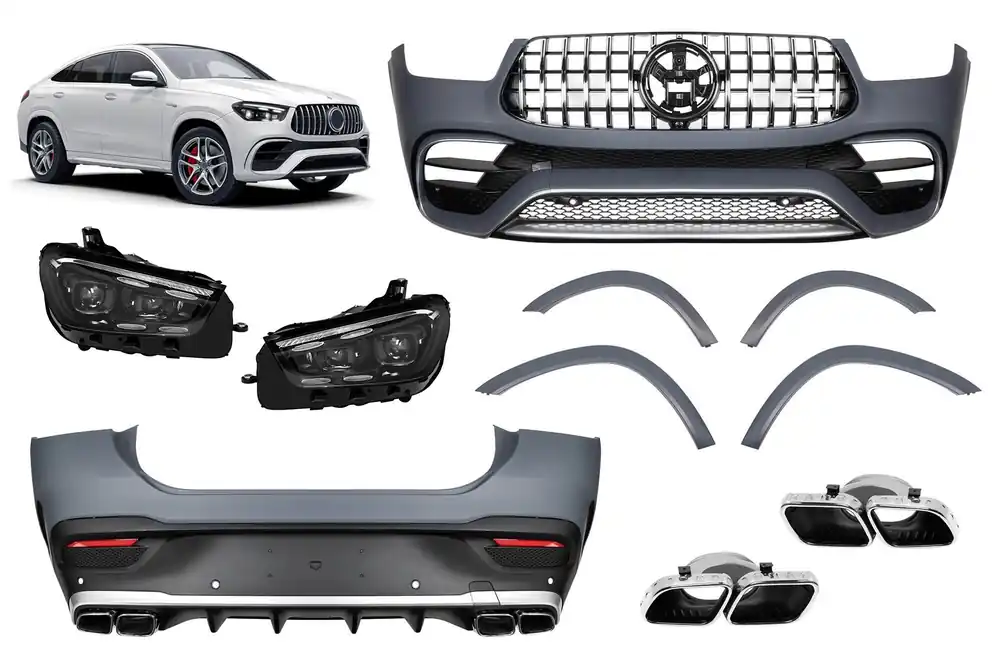 Discount Un pachet de design tip GLE63 potrivit pentru Mercedes GLE Coupe C167 2020-2023, cu bara spate și faruri LED
