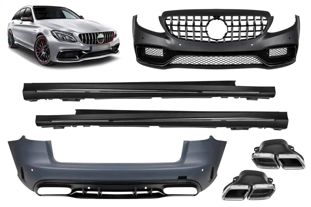 Reduceri Pachet de tuning design A potrivit pentru Mercedes C-Class S205 break 2013-2018 cu grilă GT crom/negru și capete cromate