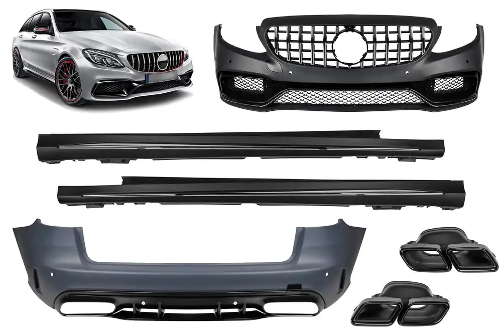 Promoție Pachet de tuning design A potrivit pentru Mercedes C-Class S205 2013-2018 cu grilă GT crom/neagră și terminații de evacuare negre