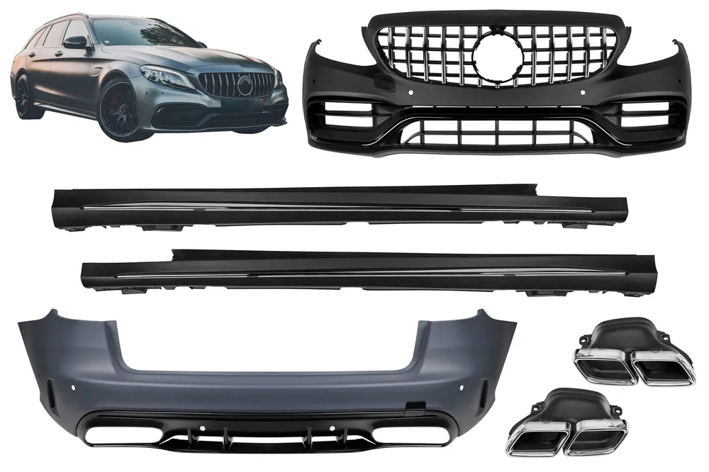 Pachet de tuning A design tip 63 LCI potrivit pentru Mercedes C-Class S205 2013-2020 cu grilă GT crom/negru și capete cromate Preț redus