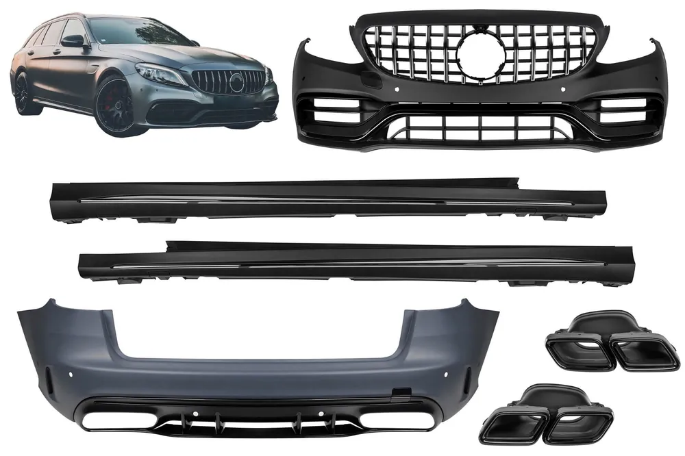 Pachet de tuning A design tip 63 LCI potrivit pentru Mercedes C-Class S205 2013-2020 cu grilă GT crom/neagră și capete cromate Popular