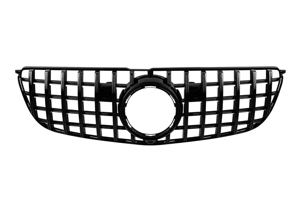 Preț mic Grilaj tip GT vopsit negru, potrivit pentru Mercedes GLS X166 2016-2019, cu deschidere pentru cameră – clips defect (lipit)