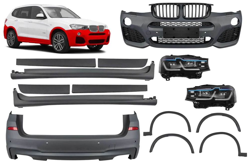 Promoție Pachet M tech potrivit pentru BMW X3 F25 2014-2017 cu deschidere dublă pentru țeavă de eșapament dublă –oo–oo- și faruri LED