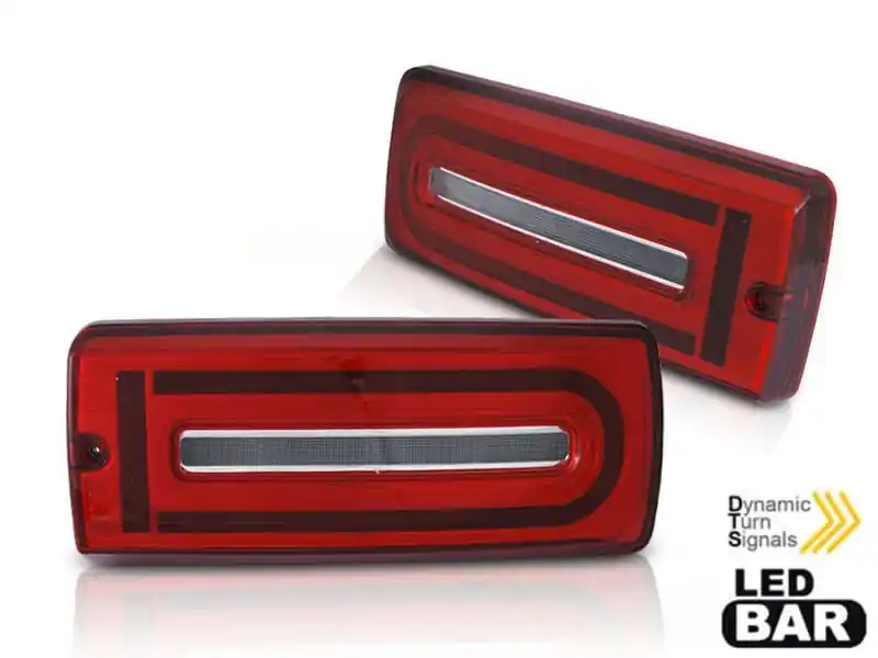 Livrare gratuită Set de stopuri LED de tuning potrivit pentru Mercedes G-Class W463 1990-2018 cu bază roșu-alb, cu semnalizare dinamică, stânga și dreapta