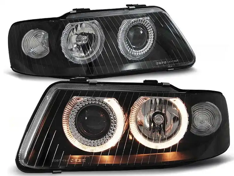 Disponibil imediat Set de faruri tuning cu ochi de înger halogen potrivit pentru Audi A3 09.2000-05.2003, stânga și dreapta