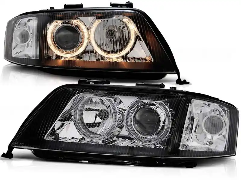 Nu rata Set de faruri tuning cu ochi de înger halogen potrivit pentru Audi A6 C5 05.1997-05.2001 sedan/combinate, stânga și dreapta