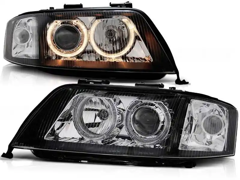 Set de faruri tuning cu ochi de înger halogen potrivit pentru Audi A6 C5 06.2001-05.2004 sedan/combinate, stânga și dreapta Plată securizată