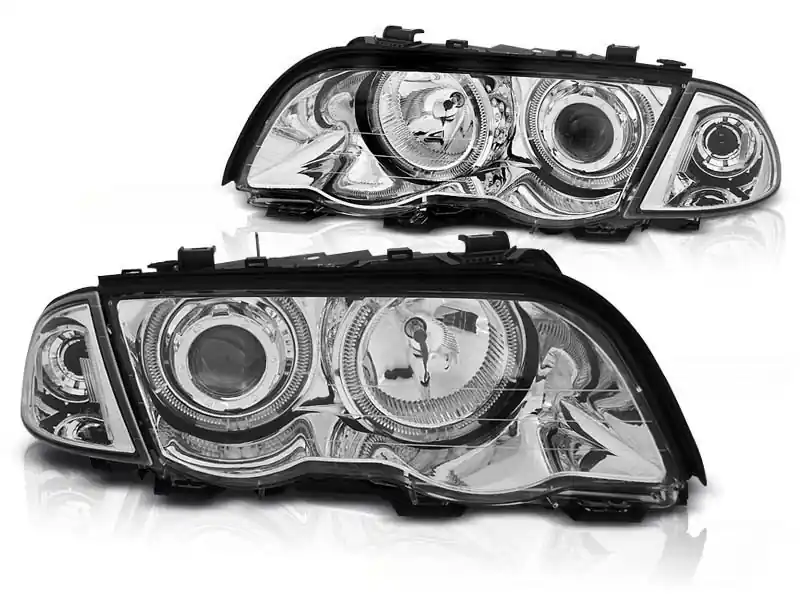 Ultima șansă Set de faruri tuning potrivit pentru BMW Seria 3 E46 sedan/combina 05.1998-08.2001 cu bază cromată, stânga și dreapta