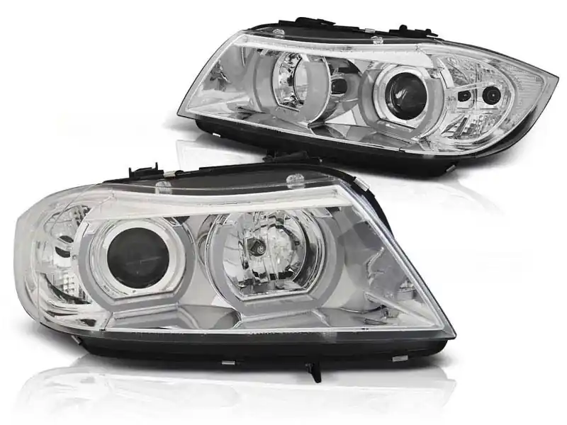 Set de faruri de tuning potrivit pentru BMW Seria 3 E90/E91 03.2005-08.2008 cu bază cromată, stânga și dreapta Plată securizată