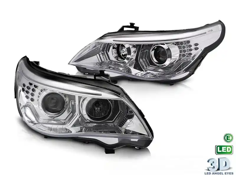 Kit de faruri tuning cu ochi de înger LED 3D, potrivit pentru BMW Seria 5 E60 sedan, E61 touring 2003-2007 cu bază cromată, stânga și dreapta, pentru modelul cu faruri halogen. Transport gratuit