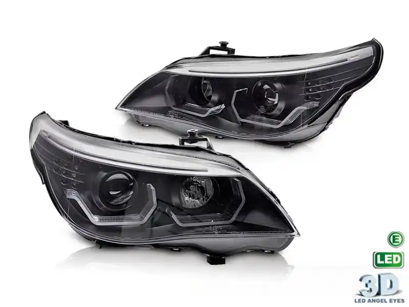Kit de faruri tuning cu ochi de înger LED 3D, potrivit pentru BMW Seria 5 E60 sedan, E61 touring 2003-2007 cu bază neagră, stânga și dreapta, pentru modelul cu faruri halogen. Bestseller