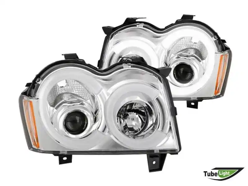 Cel mai bun preț Set de faruri de tuning cu lumini LED potrivit pentru Jeep Grand Cherokee 2005-2008 cu bază cromată, stânga și dreapta