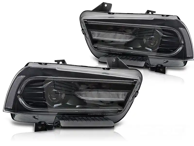 Plată securizată Set de faruri LED de tuning potrivit pentru Dodge Charger 2011-2015 cu bază neagră, cu semnalizatoare dinamice, pentru modelul cu lumini DRL din fabrică, stânga și dreapta