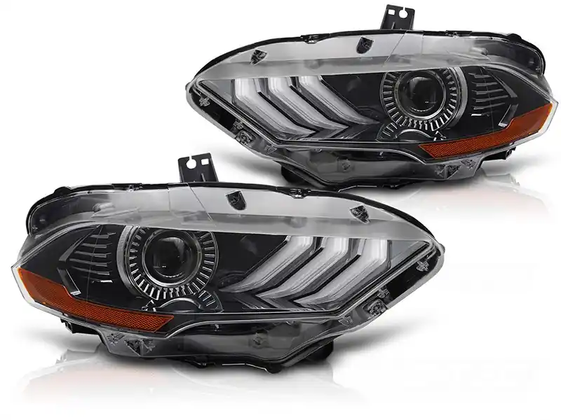 Retur ușor Kit de faruri LED de tuning potrivit pentru Ford Mustang 2018-2021 cu bază neagră, cu semnalizatoare dinamice, lumini DRL RGB pentru modelul cu lumini DRL de fabrică, stânga și dreapta