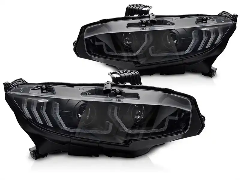 Set de faruri LED potrivit pentru Honda Civic X 2016-2021 hatchback, sedan, coupe cu bază neagră, cu semnalizatoare dinamice, pentru modelul cu lumini DRL din fabrică, stânga și dreapta Expediere rapidă